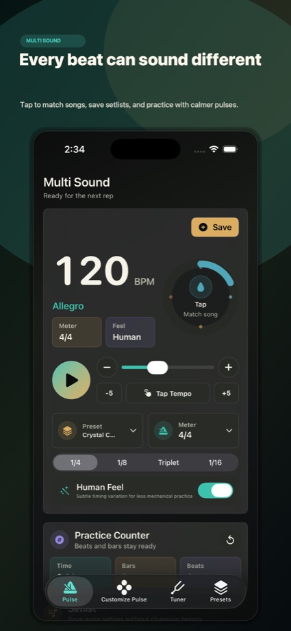 Pulse dashboard with BPM, tap circle, preset selector, and save button