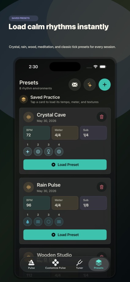 Preset library with calm metronome sounds
